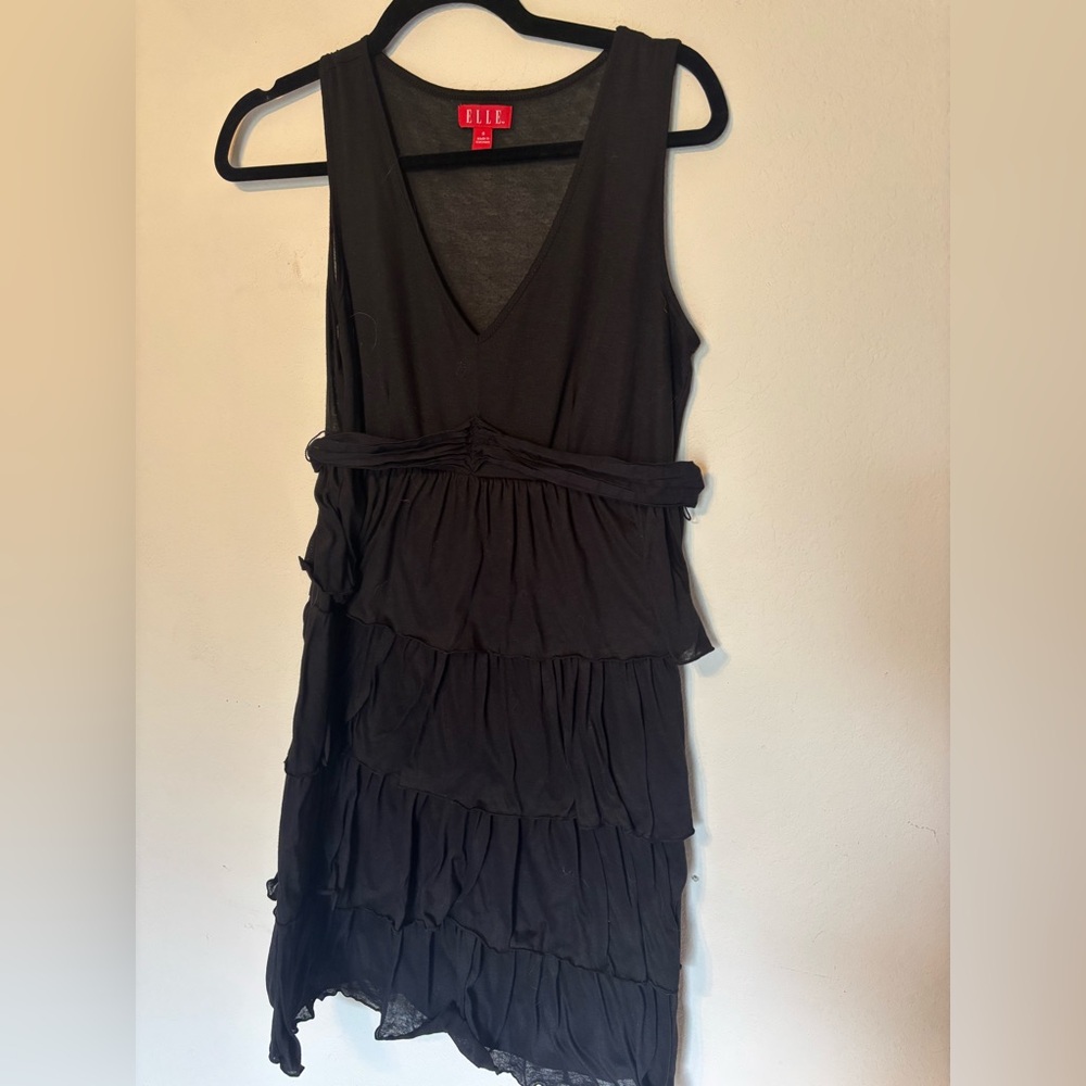 ELLE Black Tiered Ruffle Mini Dress Tie Waist V Neck Small Boho